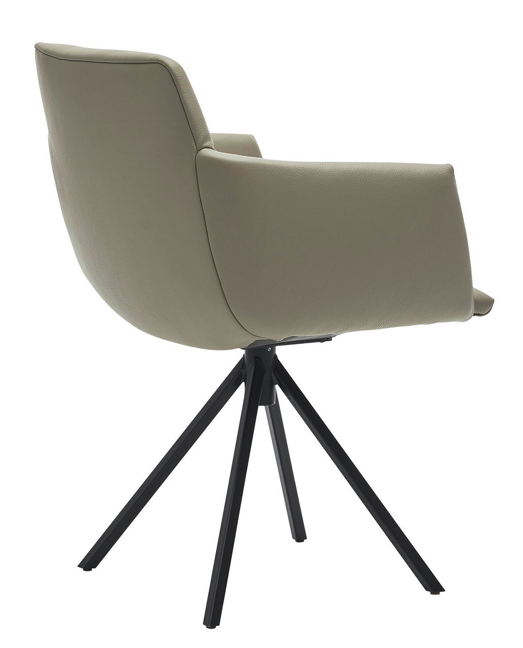 Rückansicht eines modernen Sessels mit beigem Bezug und schwarzen Metallbeinen.