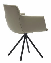 Achterkant van een moderne fauteuil met een beige bekleding en zwarte metalen poten.