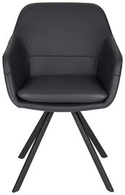 Moderner schwarzer Sessel mit gepolsterter Sitzfläche und Rückenlehne, auf vier Metallbeinen, Frontalansicht.