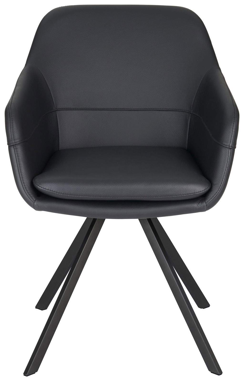 Moderner schwarzer Sessel mit gepolsterter Sitzfläche und Rückenlehne, auf vier Metallbeinen, Frontalansicht.