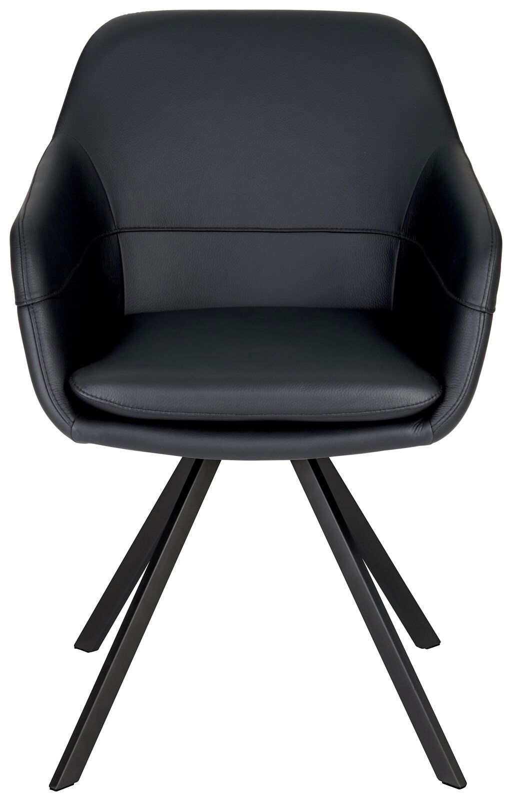 Moderner schwarzer Sessel mit gepolsterter Sitzfläche und Rückenlehne, auf vier Metallbeinen, Frontalansicht.