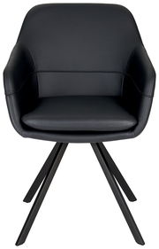 Moderner schwarzer Sessel mit gepolsterter Sitzfläche und Rückenlehne, auf vier Metallbeinen, Frontalansicht.