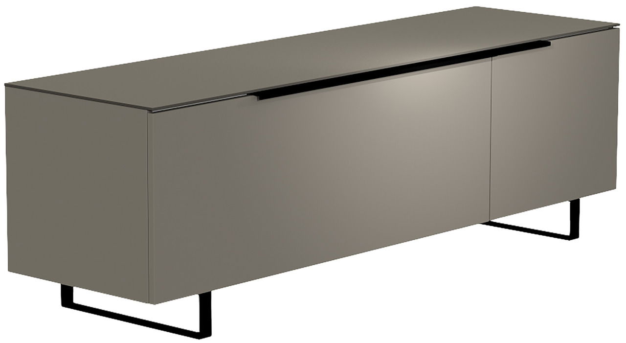 Modernes TV-Lowboard in grauer Farbe mit schwarzem Metallgestell, seitliche Perspektive