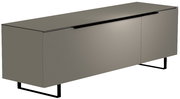 Modernes TV-Lowboard in grauer Farbe mit schwarzem Metallgestell, seitliche Perspektive