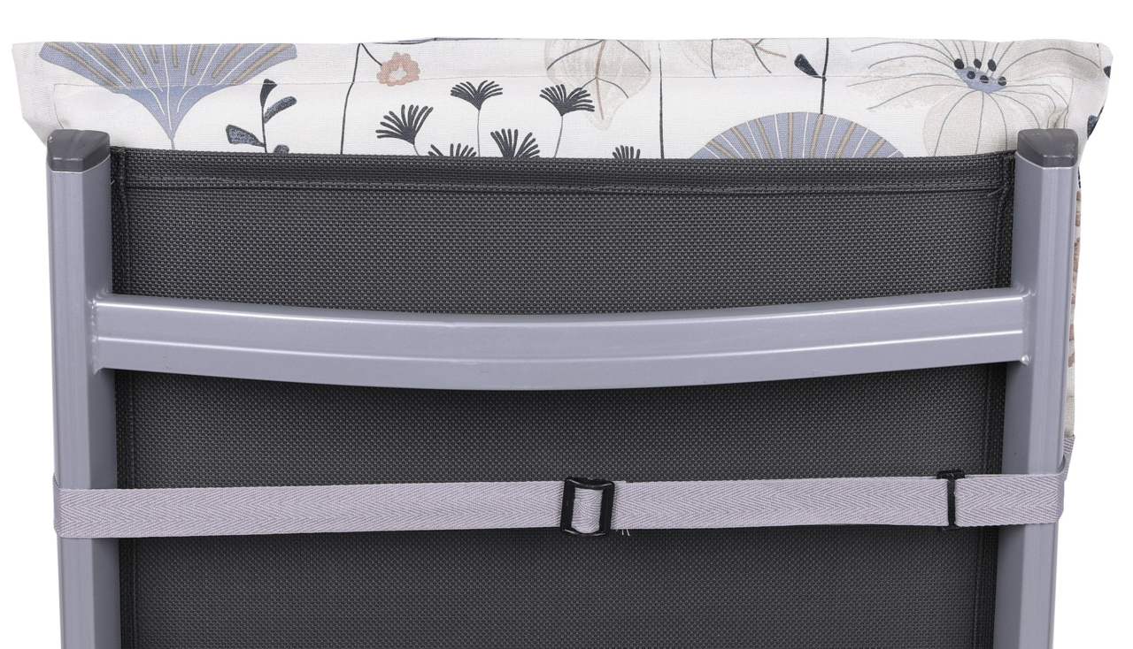 Rückansicht einer Hochlehnerauflage mit floralem Muster und grauem Rahmen.