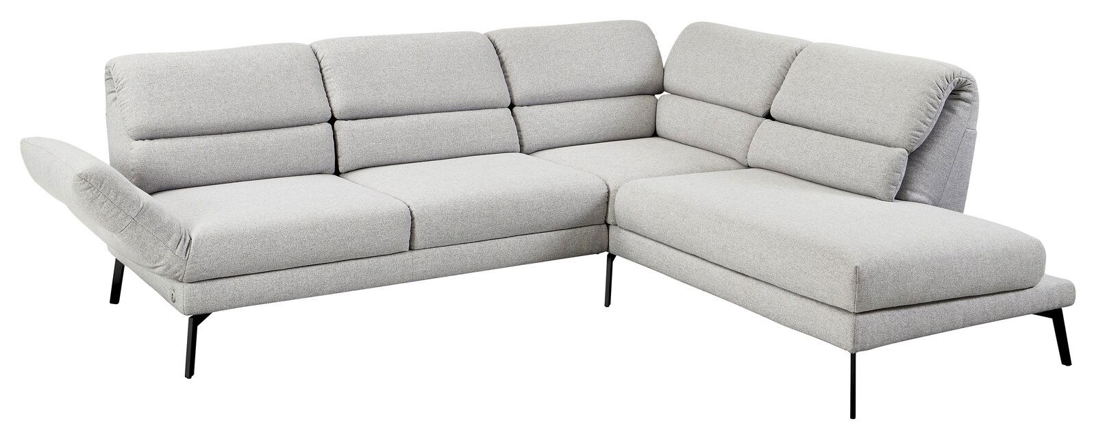 Dieter Knoll Ecksofa COSIO Ecksofa in hellgrauem Stoff mit verstellbarer Armlehne, schwarzem Metallgestell und moderner L-Form, Perspektive von vorne links