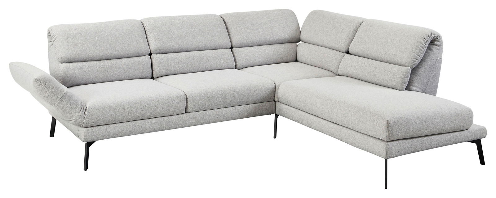 Ecksofa in hellgrauem Stoff mit verstellbarer Armlehne, schwarzem Metallgestell und moderner L-Form, Perspektive von vorne links