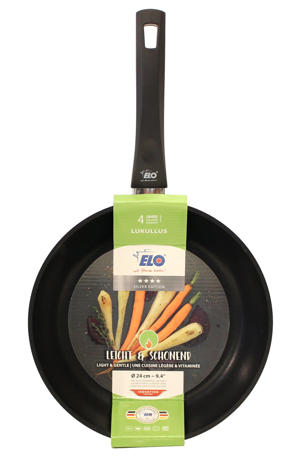 Bratpfanne Lukullus von ELO, 24 cm, Vorderansicht mit Verpackung und Griff