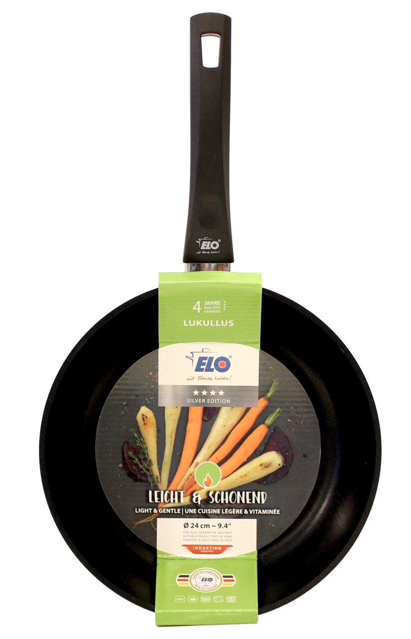 Bratpfanne Lukullus von ELO, 24 cm, Vorderansicht mit Verpackung und Griff