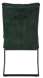 Rückansicht eines Schwingstuhls mit grünem Stoffbezug und schwarzem Metallgestell.