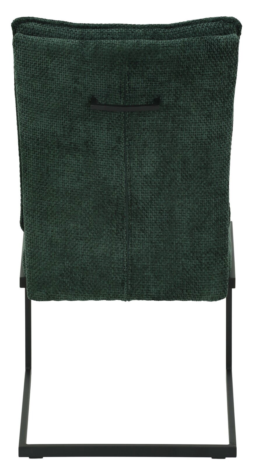 Rückansicht eines Schwingstuhls mit grünem Stoffbezug und schwarzem Metallgestell.