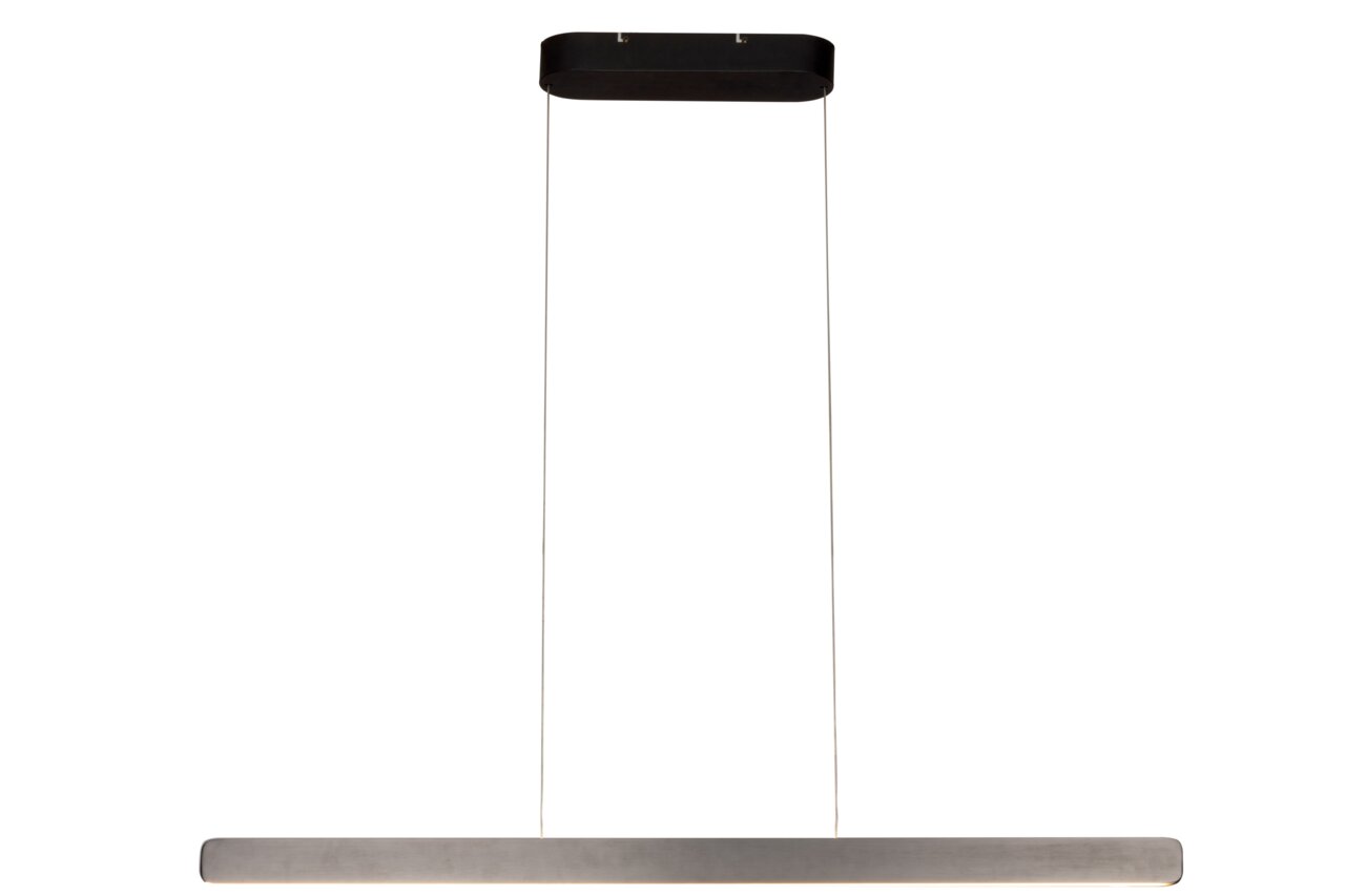 Moderne LED-Hängeleuchte in rechteckiger Form, von vorne betrachtet, mit schwarzem Baldachin und zwei dünnen Aufhängungen.