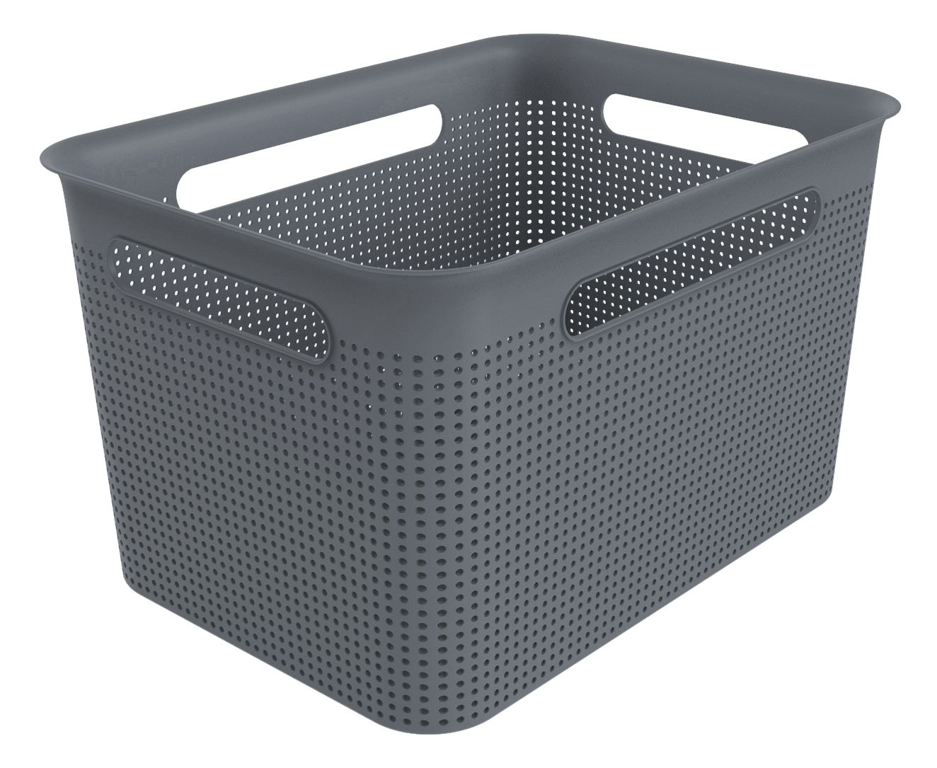 Graue, perforierte Aufbewahrungsbox mit Griffen, seitliche Perspektive