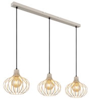 Moderne hanglamp met drie bolvormige, open lampenkappen van metaal met een draadlook, gezien vanaf de zijkant.