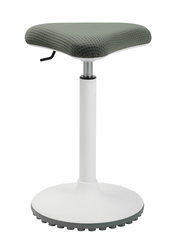 Moderner Schwinghocker mit grünem Sitzpolster und weißem Standfuß, seitliche Perspektive