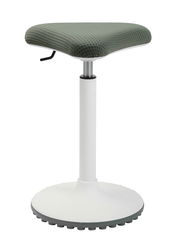 Moderner Schwinghocker mit grünem Sitzpolster und weißem Standfuß, seitliche Perspektive