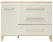 Moderne Kommode mit drei Schubladen und einer Tür, in hellem Holz und Cremefarbe, frontal abgebildet.