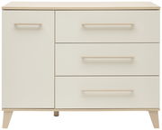Moderne Kommode mit drei Schubladen und einer Tür, in hellem Holz und Cremefarbe, frontal abgebildet.