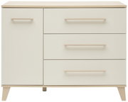 Moderne Kommode mit drei Schubladen und einer Tür, in hellem Holz und Cremefarbe, frontal abgebildet.