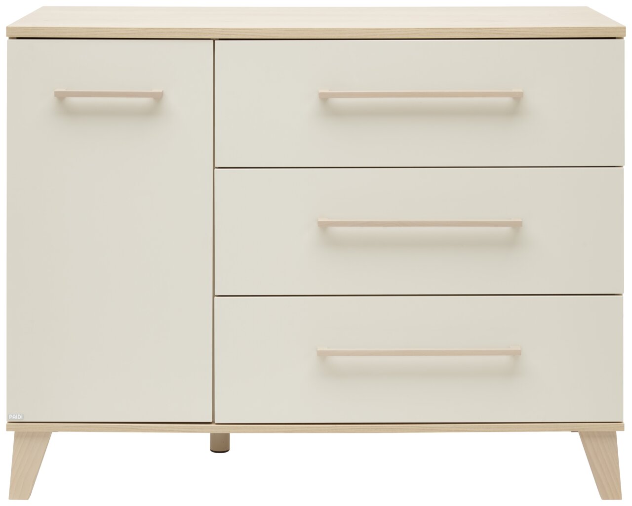 Moderne Kommode mit drei Schubladen und einer Tür, in hellem Holz und Cremefarbe, frontal abgebildet.