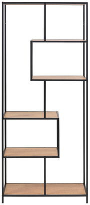 Modernes Regal mit schwarzem Metallrahmen und Holzregalböden, frontale Ansicht