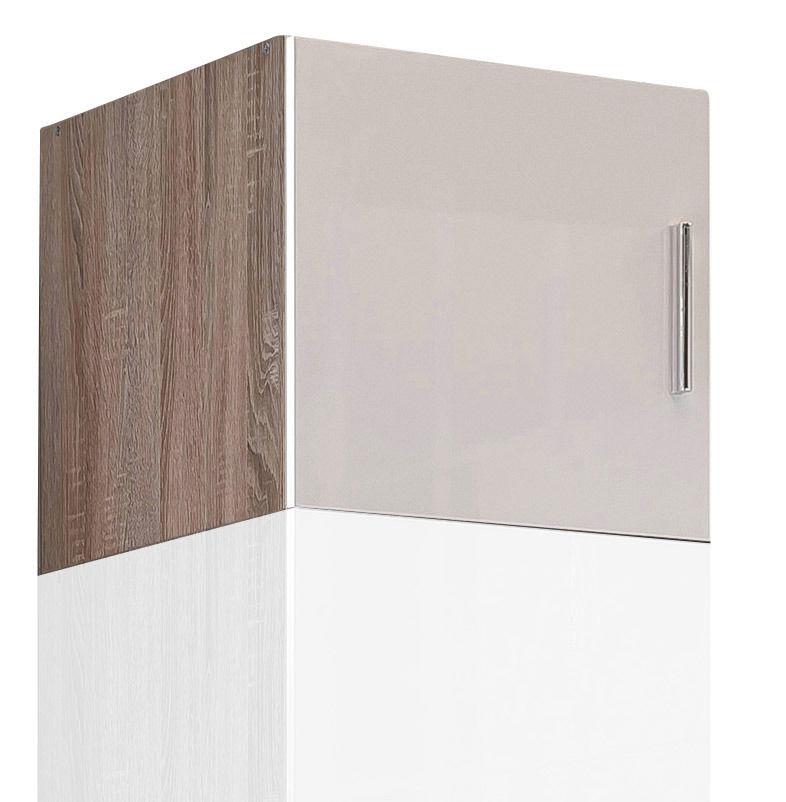 Küchenaufsatz T40 mit Holzoptik an der Seite und glänzender Front, Perspektive von schräg unten