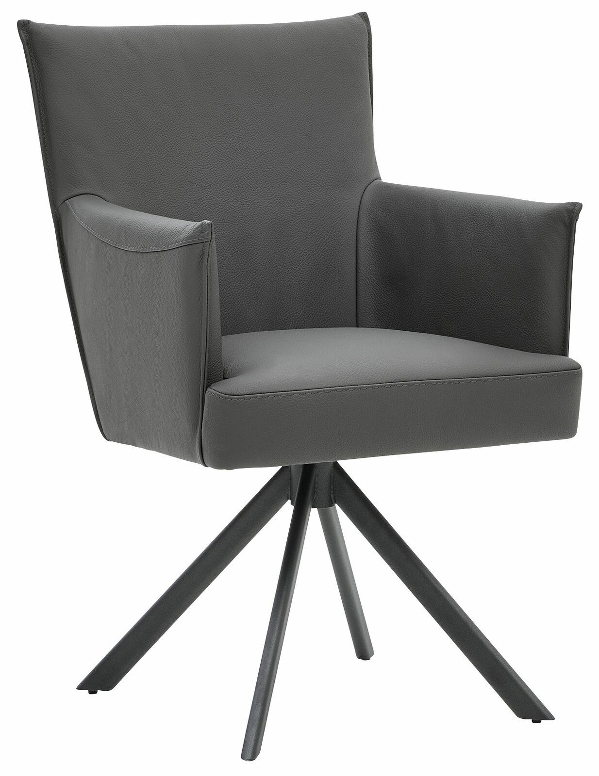 Moderner grauer Armlehnstuhl mit vierbeinigem Metallgestell, seitliche Perspektive