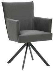 Moderner grauer Armlehnstuhl mit vierbeinigem Metallgestell, seitliche Perspektive