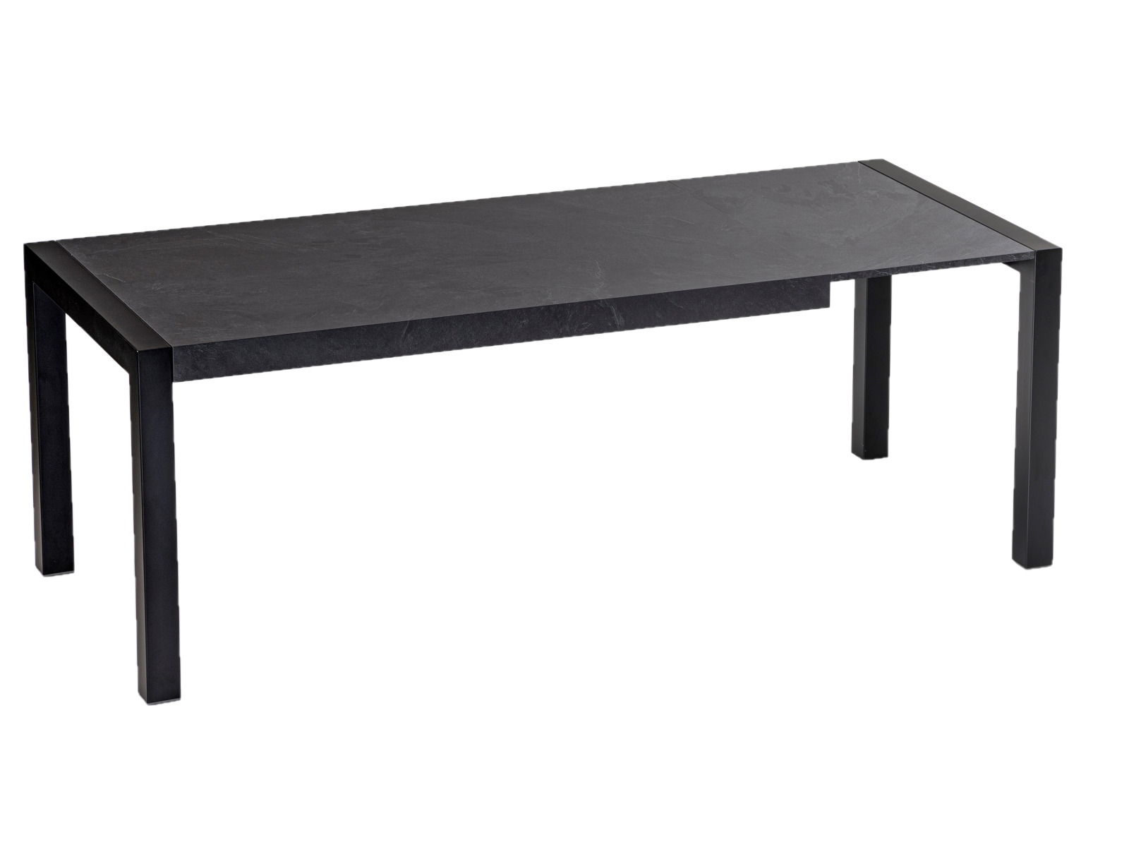 Moderner schwarzer Esstisch aus Metall mit rechteckiger Tischplatte, seitliche Perspektive