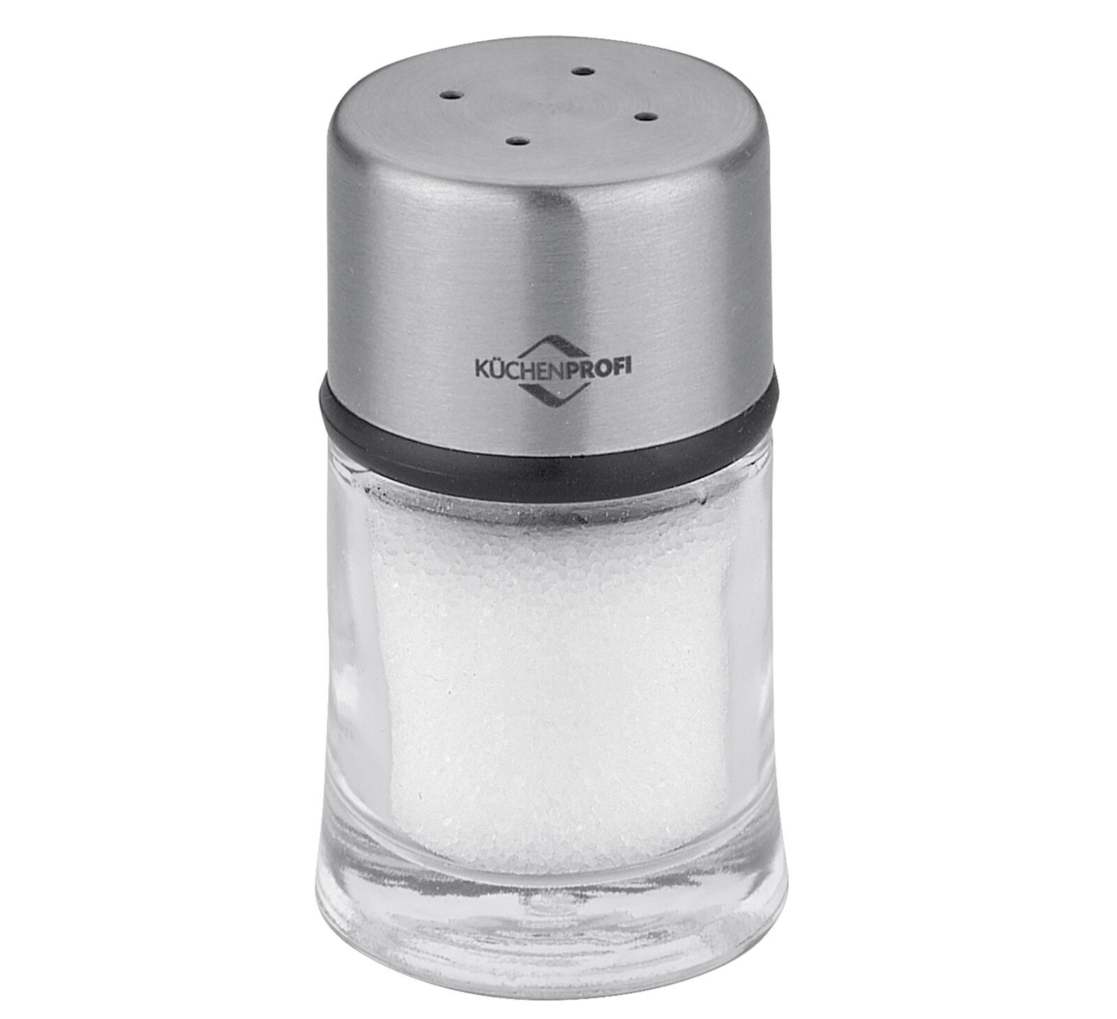 Salzstreuer aus Glas und Edelstahl, frontal fotografiert