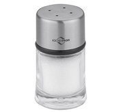 Salzstreuer aus Glas und Edelstahl, frontal fotografiert