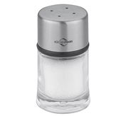 Salzstreuer aus Glas und Edelstahl, frontal fotografiert