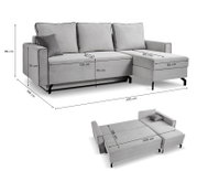 Schlafsofa in L-Form, rechts ausgerichtet, in hellgrauer Farbe mit schwarzen Beinen, inklusive Kissen, abgebildet aus einer seitlichen Perspektive.