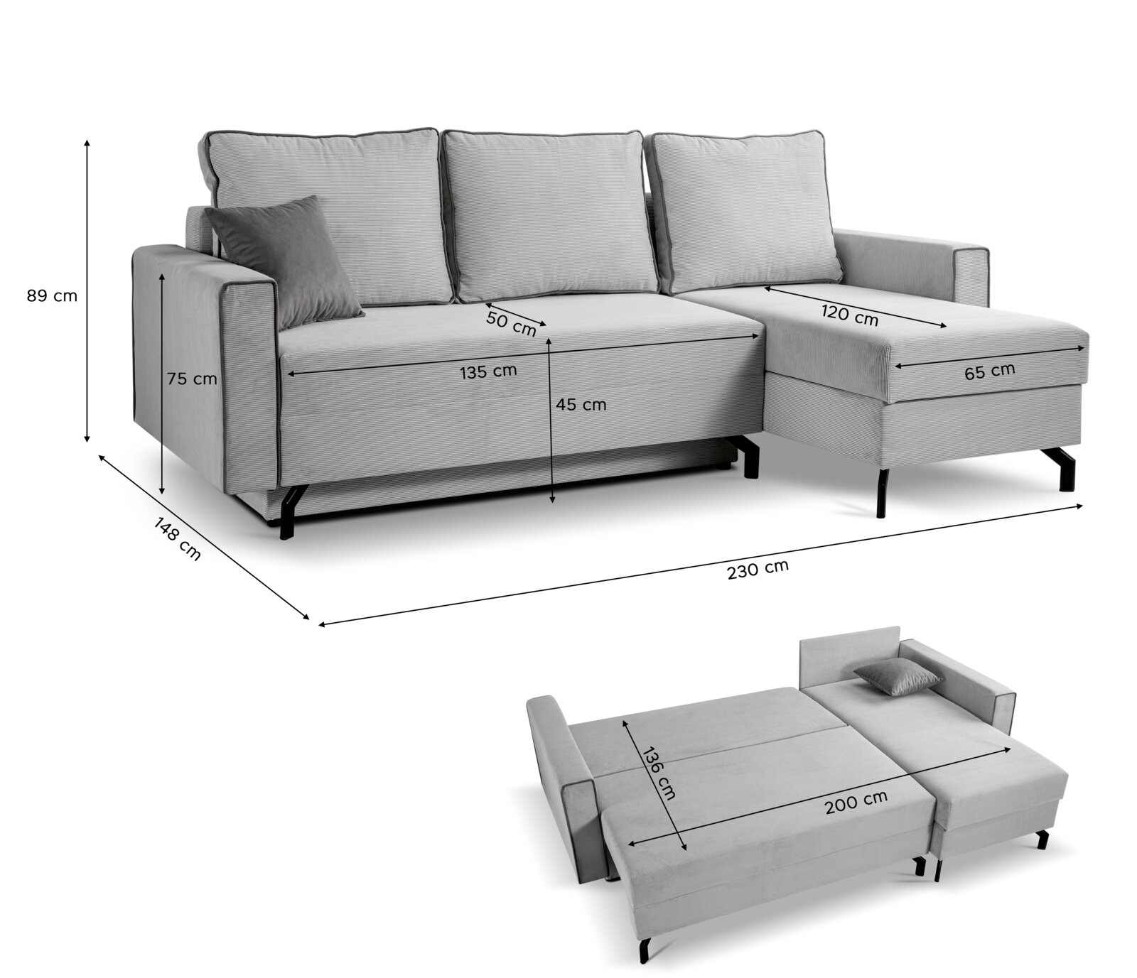 Schlafsofa in L-Form, rechts ausgerichtet, in hellgrauer Farbe mit schwarzen Beinen, inklusive Kissen, abgebildet aus einer seitlichen Perspektive.