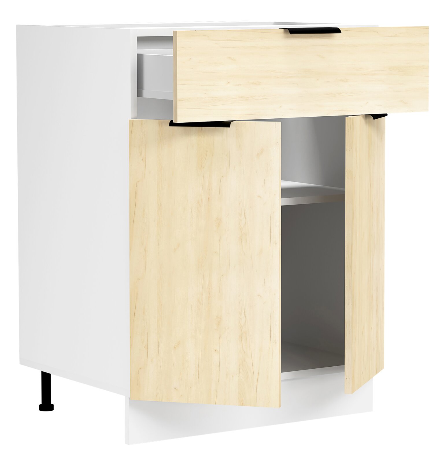 VCM Unterschrank Schublade 60 cm FASOLA Weißer Küchen-Unterschrank mit hellen Holzfronten und schwarzen Griffen, eine Schublade und eine Tür geöffnet, Innenfächer sichtbar, Perspektive: schräg von vorne links