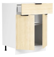 Weißer Küchen-Unterschrank mit hellen Holzfronten und schwarzen Griffen, eine Schublade und eine Tür geöffnet, Innenfächer sichtbar, Perspektive: schräg von vorne links