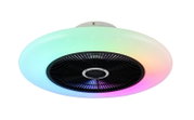 Moderne plafondventilator met LED-verlichting die van kleur verandert, gezien van onderaf.