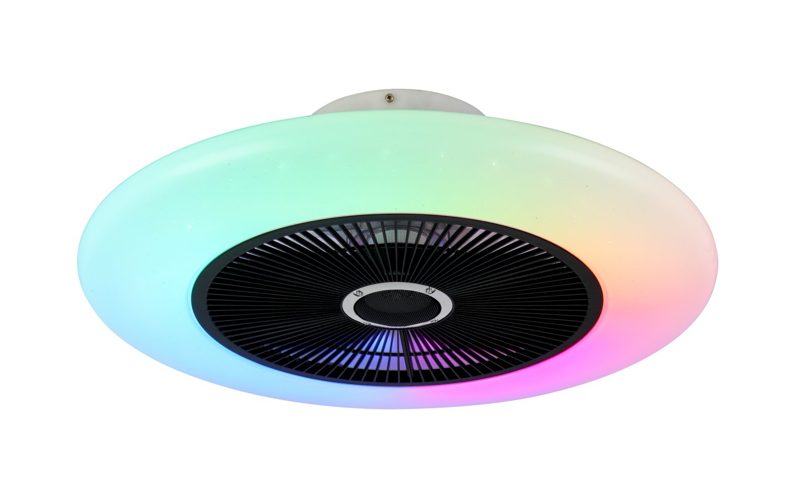 Moderne plafondventilator met LED-verlichting die van kleur verandert, gezien van onderaf.
