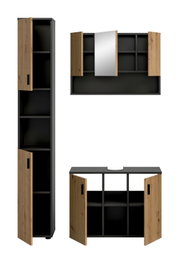 Modernes Badezimmermöbel-Set in Anthrazit mit Holz-Lamellentüren und Spiegelschrank, Türen geöffnet mit sichtbaren Regalfächern, Frontansicht auf weißem Hintergrund