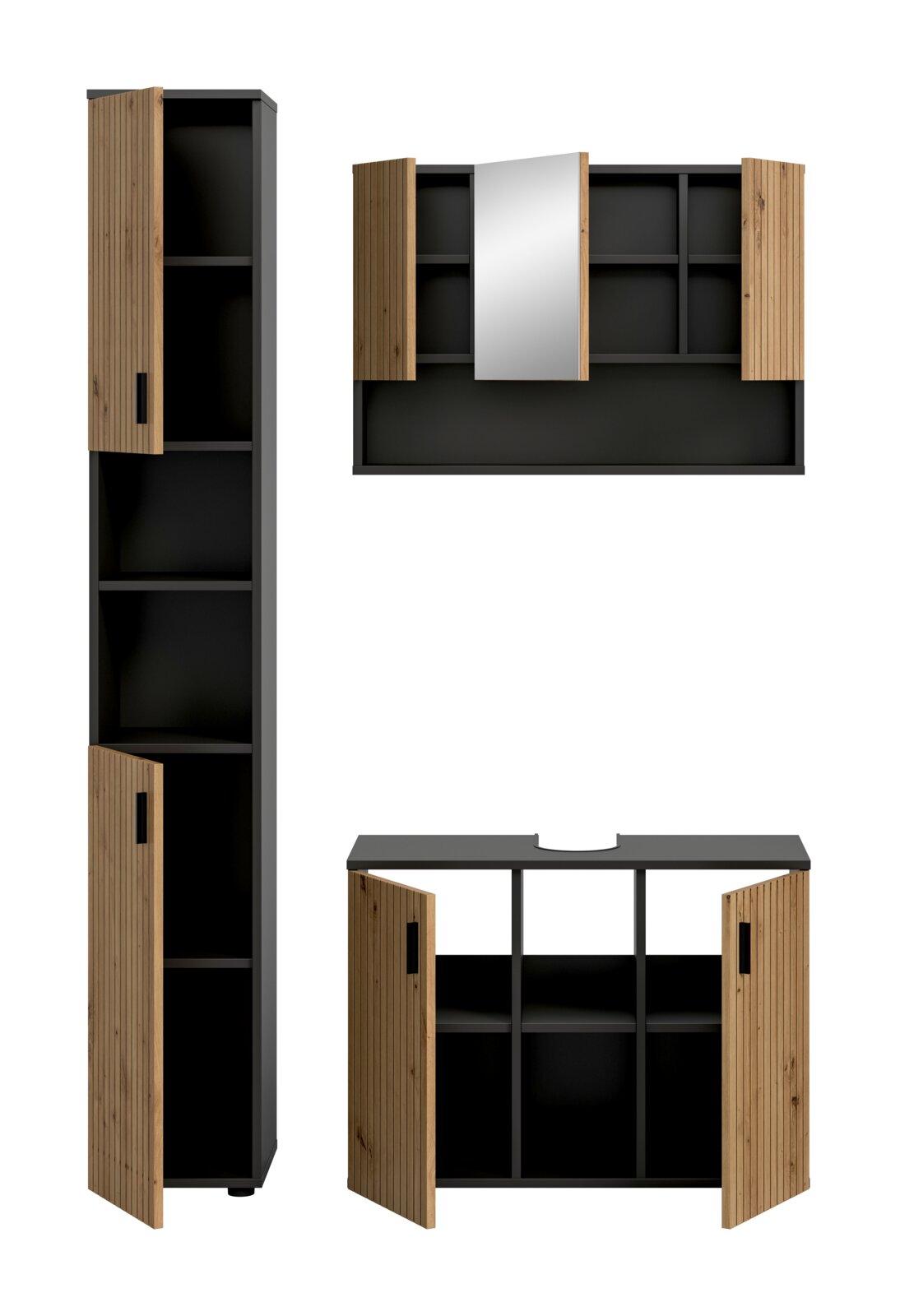Modernes Badezimmermöbel-Set in Anthrazit mit Holz-Lamellentüren und Spiegelschrank, Türen geöffnet mit sichtbaren Regalfächern, Frontansicht auf weißem Hintergrund