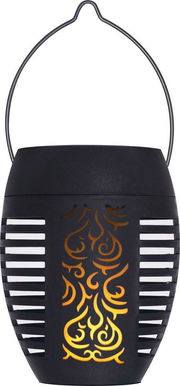 Vorderansicht einer schwarzen Solarleuchte mit dekorativem Flammenmuster und Tragegriff.