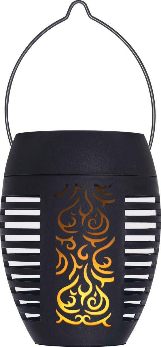 Vorderansicht einer schwarzen Solarleuchte mit dekorativem Flammenmuster und Tragegriff.
