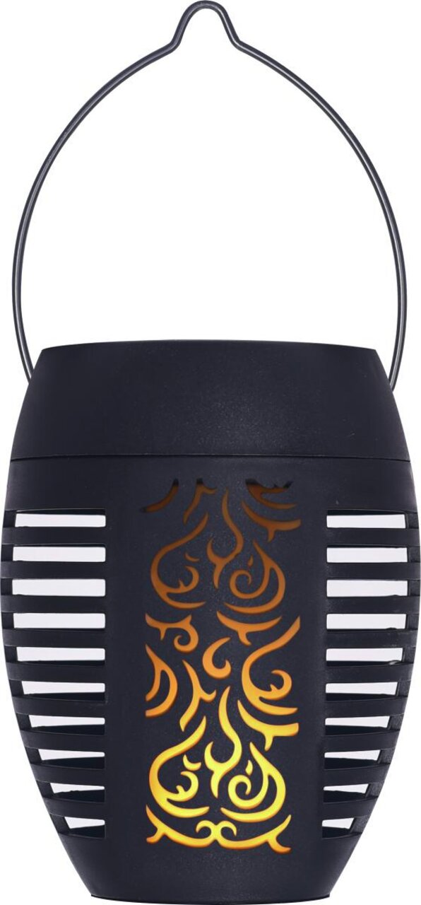 Vorderansicht einer schwarzen Solarleuchte mit dekorativem Flammenmuster und Tragegriff.