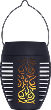 Vorderansicht einer schwarzen Solarleuchte mit dekorativem Flammenmuster und Tragegriff.