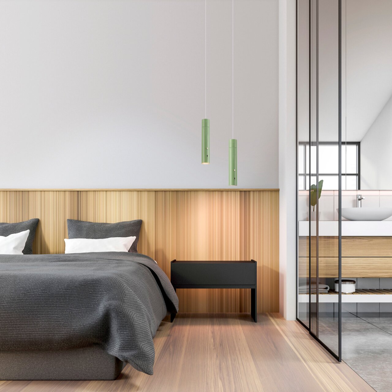 Twee groene hanglampen op accu hangen aan het plafond boven een moderne slaapkamer met houten lambrisering en grijs beddengoed. Perspectief: zijaanzicht.