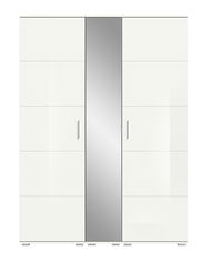 Frontansicht einer modernen weißen Garderobenkombination mit integriertem Spiegel in der Mitte.