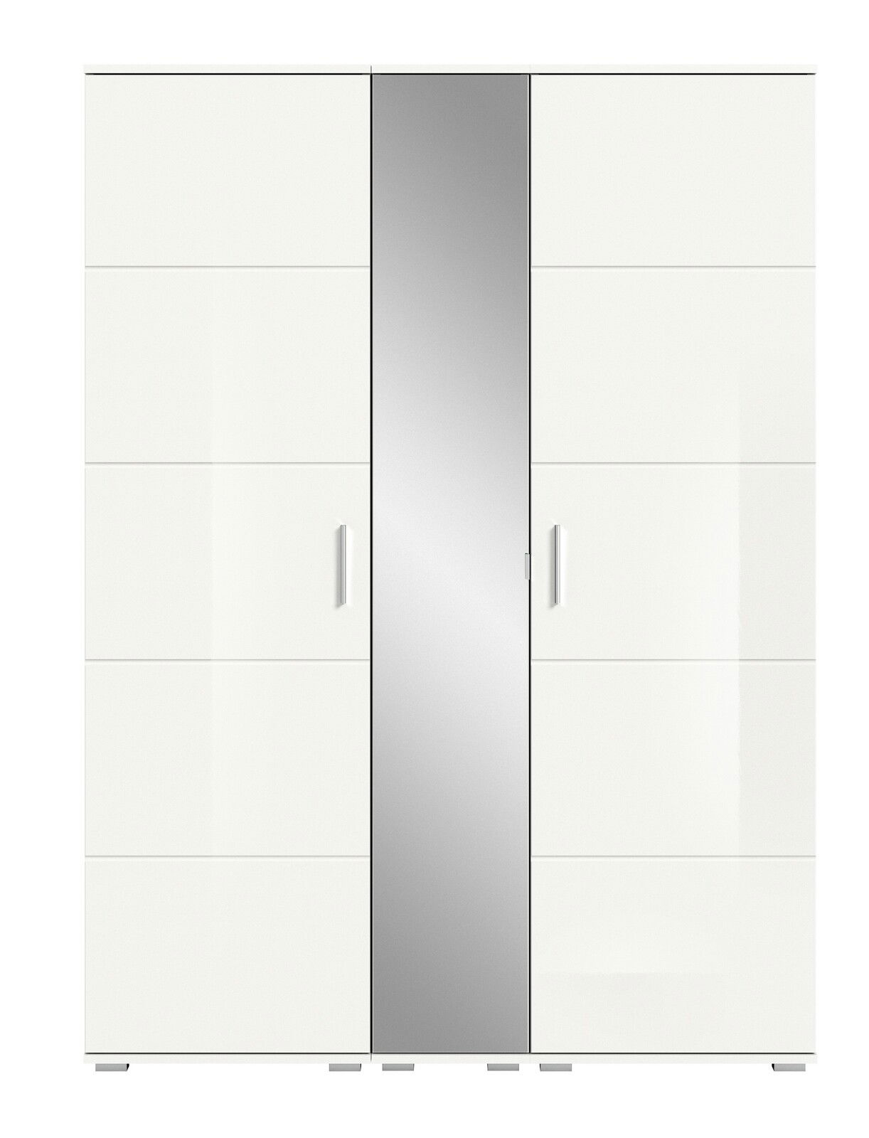 Frontansicht einer modernen weißen Garderobenkombination mit integriertem Spiegel in der Mitte.