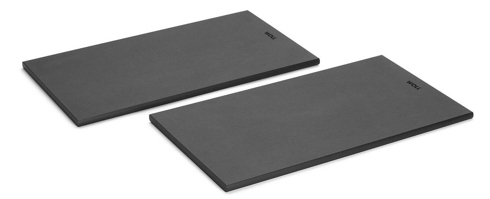 Zweiteiliges Frühstücksset aus dunklem Material, rechteckig, mit seitlicher Perspektive.