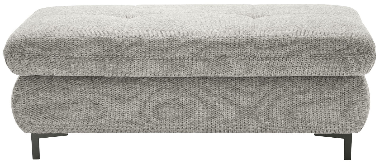 Grauer rechteckiger Hocker mit Stoffbezug und schwarzen Metallbeinen, Frontalansicht.