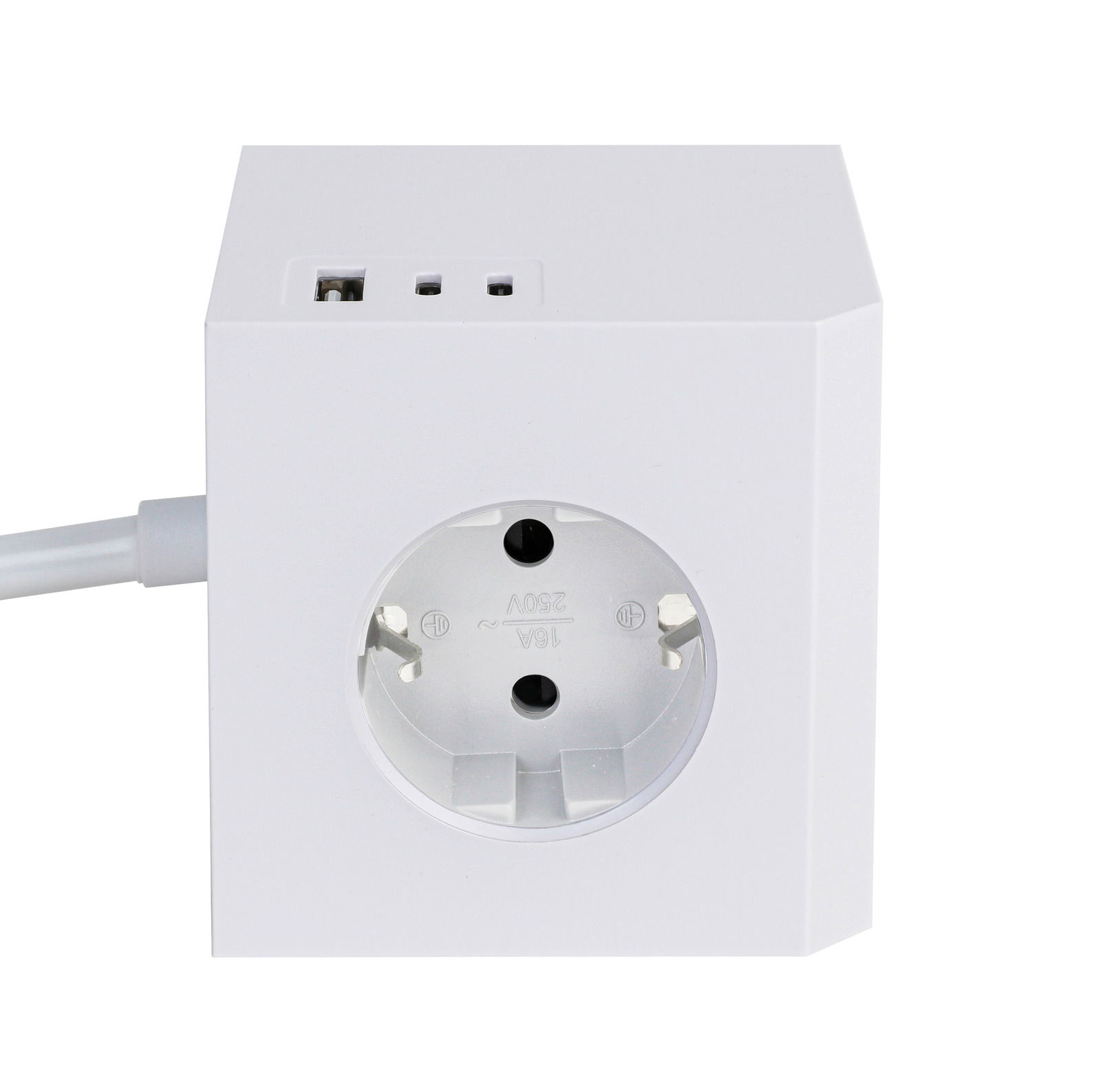 Weißer Steckdosenwürfel mit einer Steckdose und zwei USB-Anschlüssen, Vorderansicht